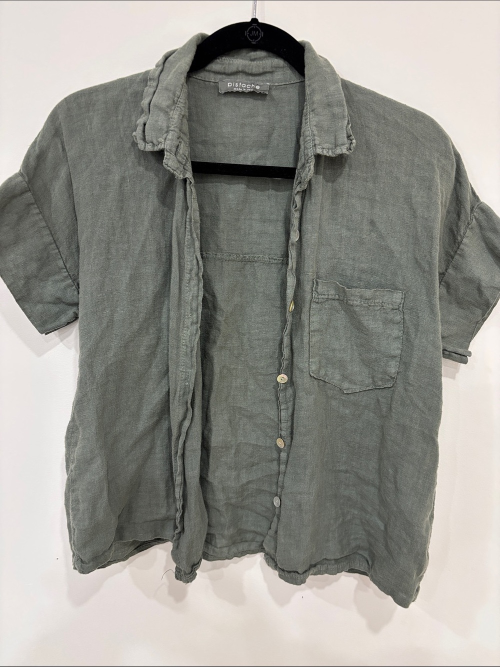 Pistache Sage-Green Short-Sleeve Linen Button-Down Shirt